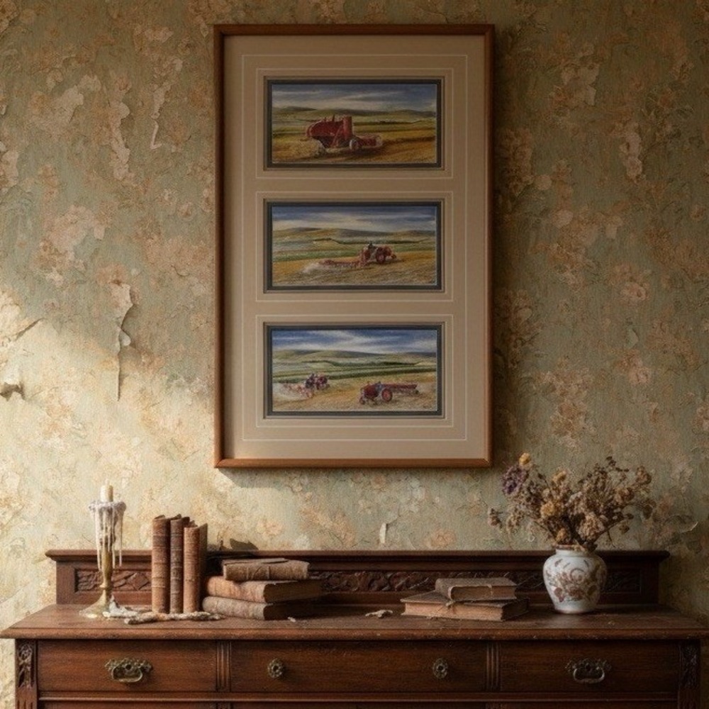 Reece Signed Vintage Red Tractor Farm Scene Watercolor Triptych Framed Art